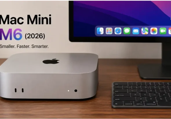 Apple Mac Mini with M6 chip shown on a desk next to a keyboard and monitor