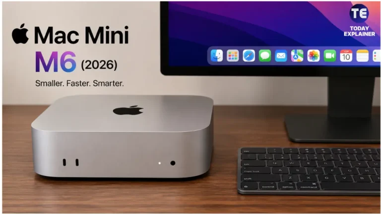 Apple Mac Mini with M6 chip shown on a desk next to a keyboard and monitor