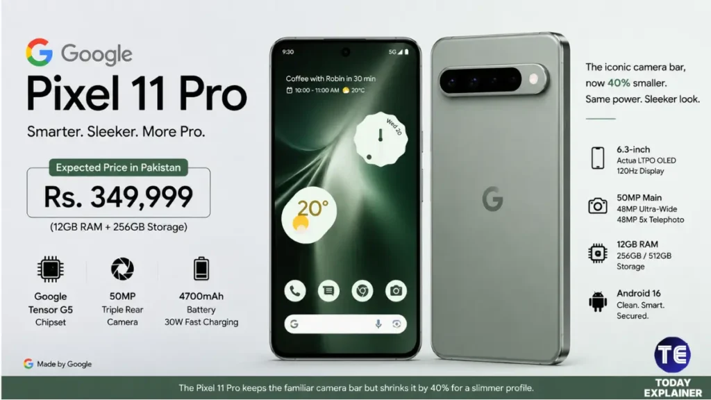 Google Pixel 11 Pro smartphone showing its display and camera bar design