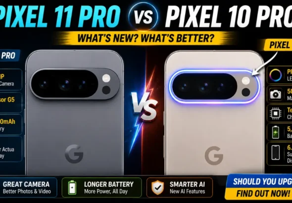 Google Pixel 11 Pro and Pixel 10 Pro shown side by side comparing their camera bars