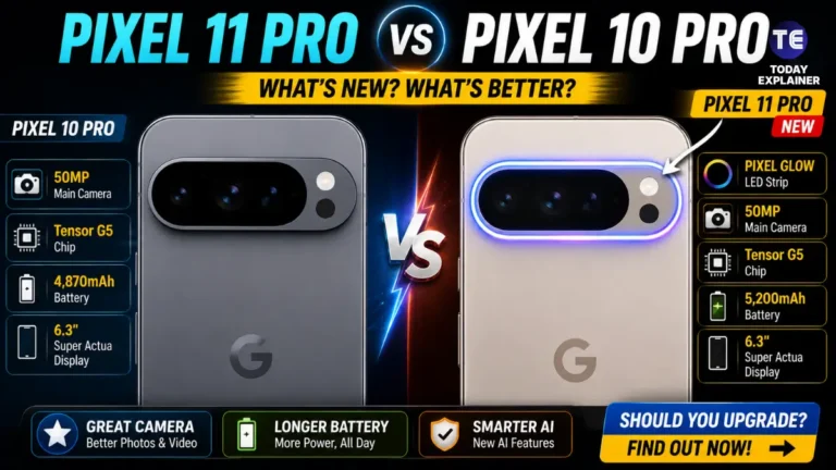 Google Pixel 11 Pro and Pixel 10 Pro shown side by side comparing their camera bars