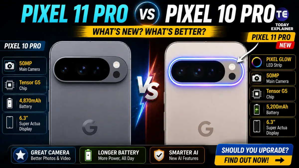 Google Pixel 11 Pro and Pixel 10 Pro shown side by side comparing their camera bars