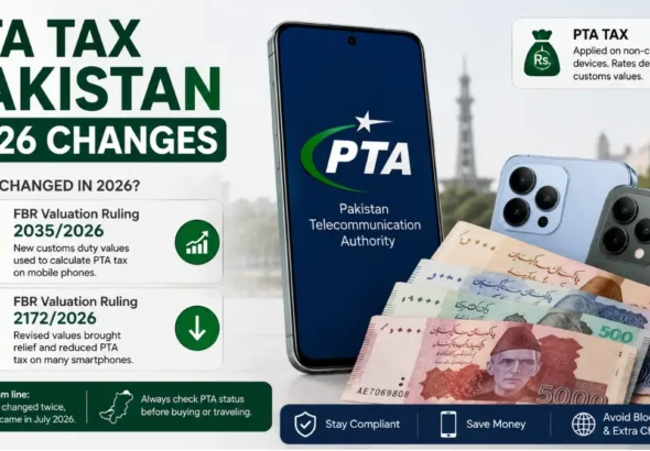 Smartphone and Pakistani rupee notes representing PTA mobile tax changes in 2026