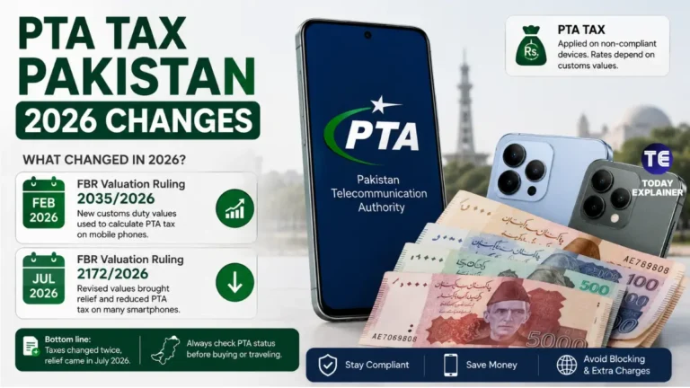 Smartphone and Pakistani rupee notes representing PTA mobile tax changes in 2026