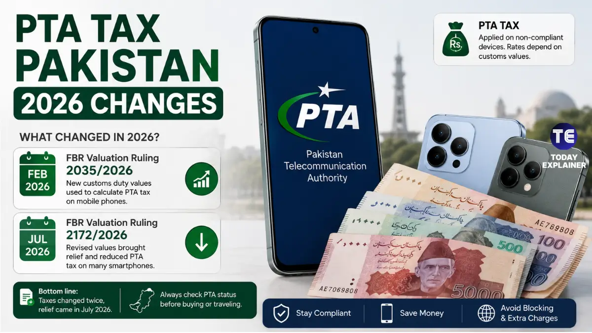 Smartphone and Pakistani rupee notes representing PTA mobile tax changes in 2026