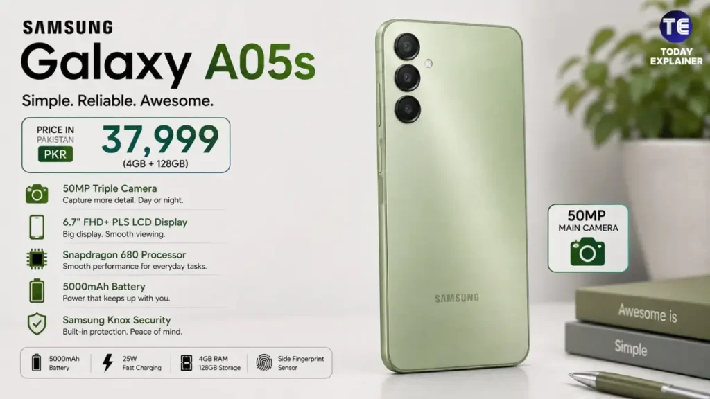 Samsung Galaxy A05s smartphone shown from the back with its triple camera visible