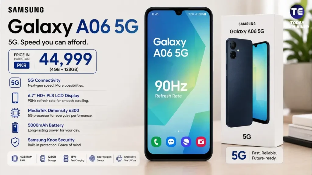 Samsung Galaxy A06 5G smartphone shown from the front with its 90Hz display active
