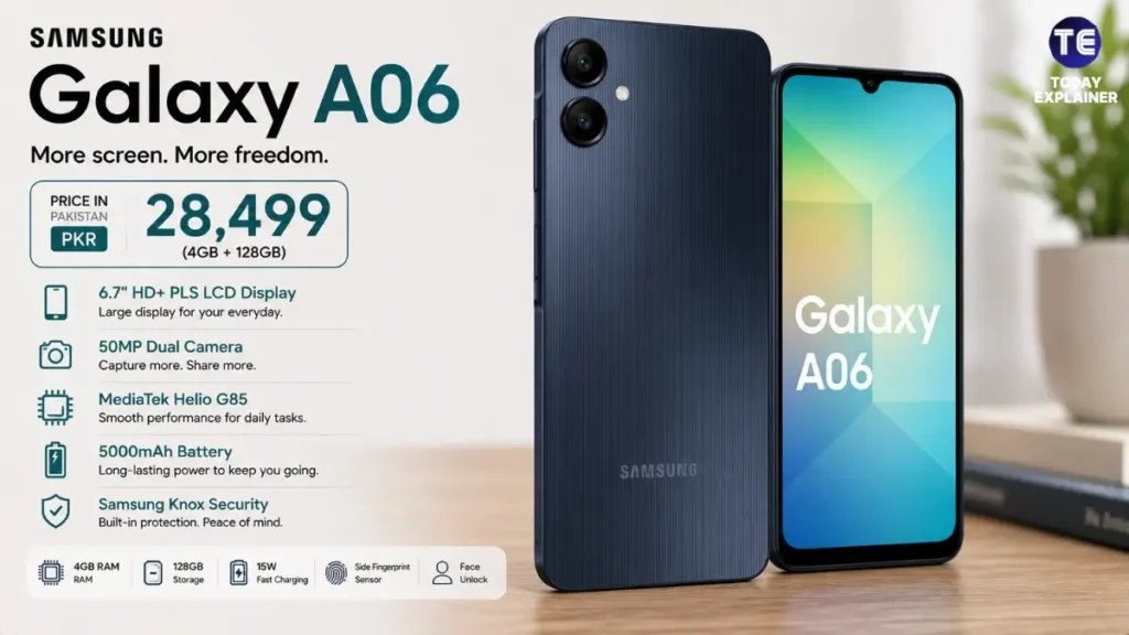 Samsung Galaxy A06 smartphone shown from the back with its dual camera visible