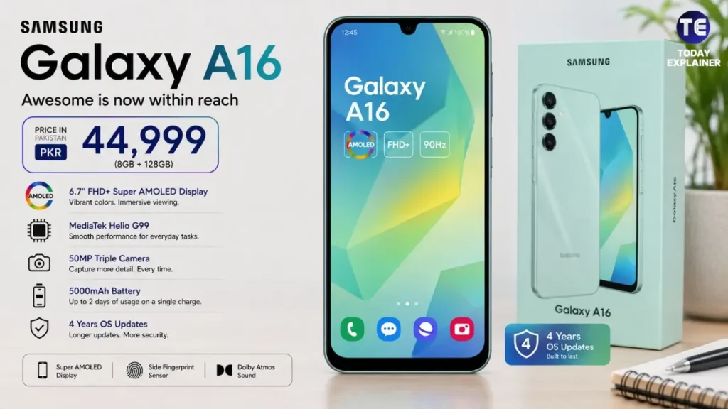 Samsung Galaxy A16 smartphone shown from the front with its AMOLED display on