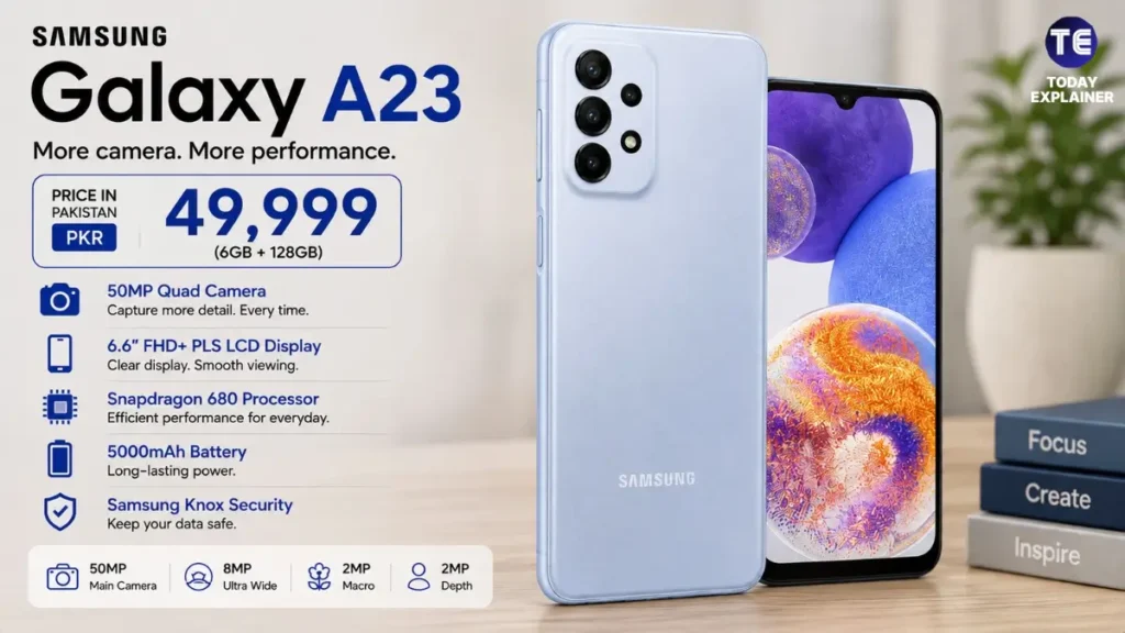 Samsung Galaxy A23 smartphone shown from the back with its quad camera module