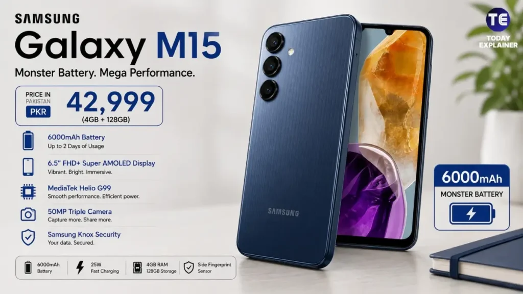 Samsung Galaxy M15 smartphone displayed at an angle showing its rear triple camera module