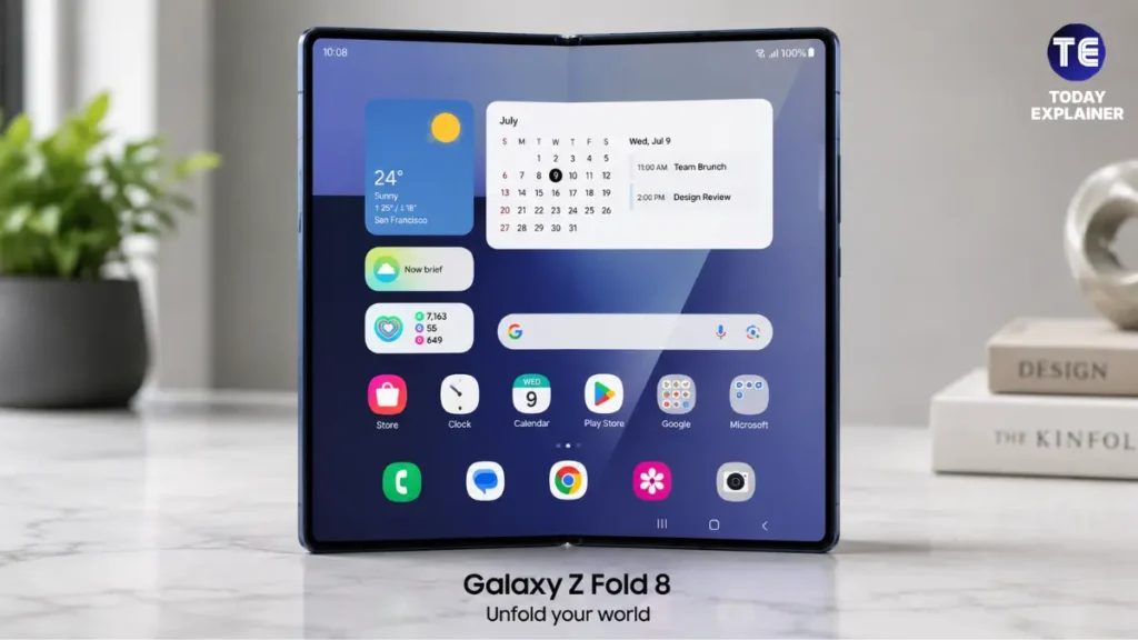 Samsung Galaxy Z Fold 8 shown fully unfolded with its wide inner display