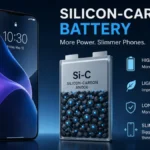 Modern smartphone with a slim body next to an illustration of a silicon-carbon battery cell