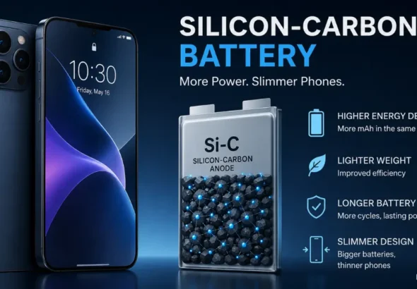 Modern smartphone with a slim body next to an illustration of a silicon-carbon battery cell