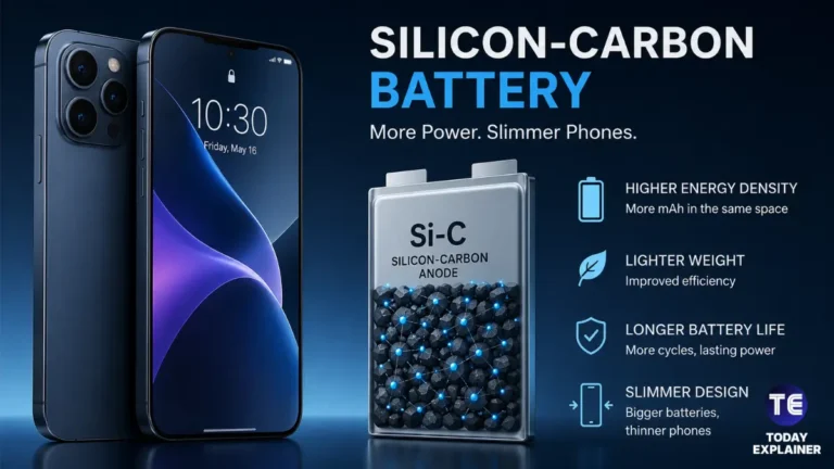 Modern smartphone with a slim body next to an illustration of a silicon-carbon battery cell