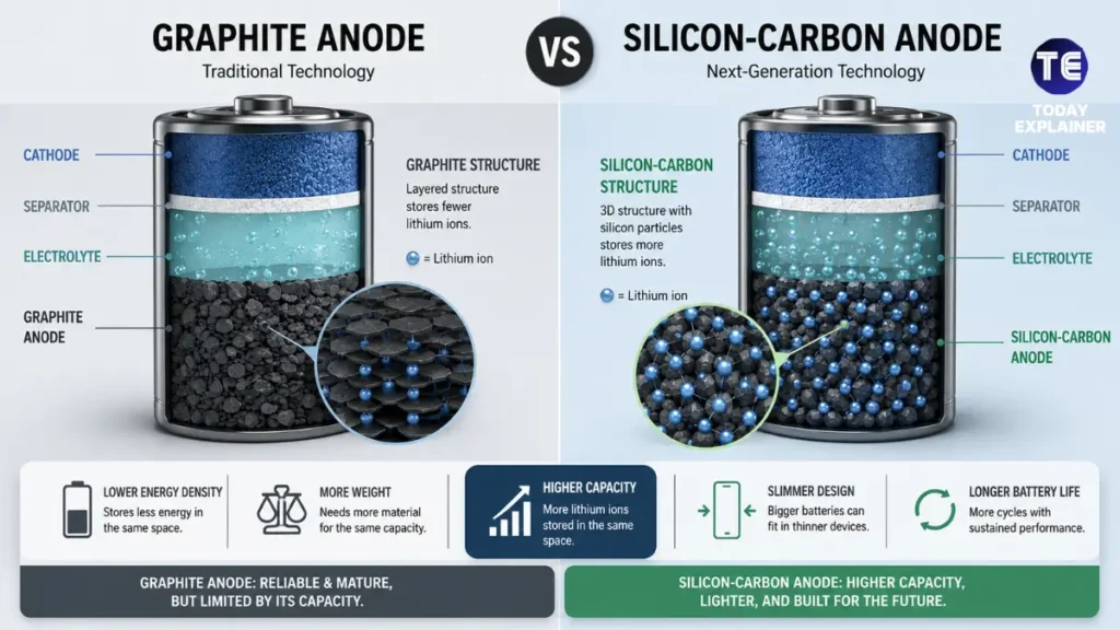 Diagram comparing a graphite anode battery to a silicon-carbon anode battery