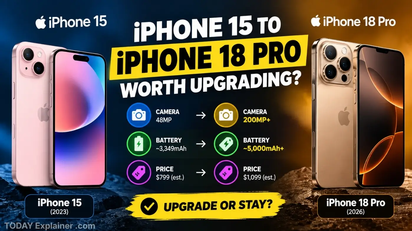 iPhone 15 next to iPhone 18 Pro comparison showing camera battery and price upgrade decision