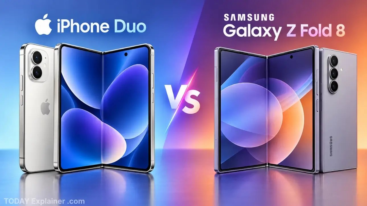Apple iPhone Duo and Samsung Galaxy Z Fold 8 shown side by side, both unfolded.