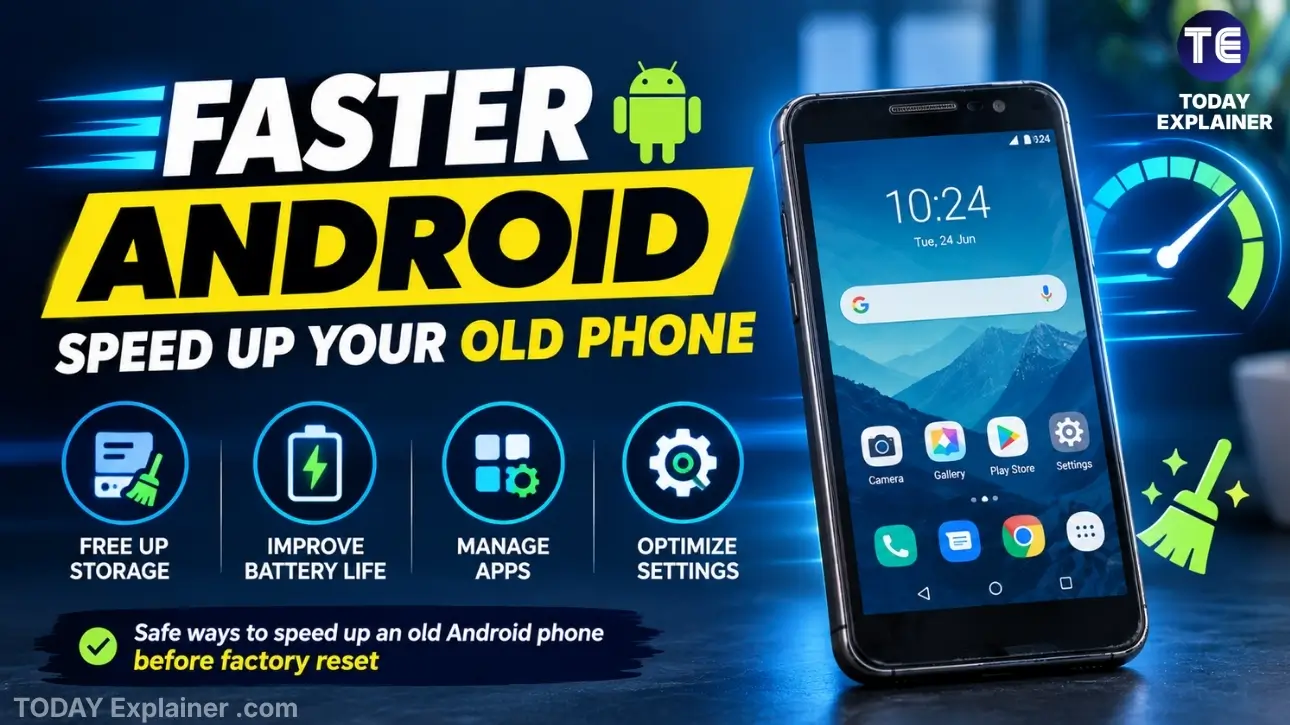 Old Android phone with speed and cleanup icons showing how to reduce lag